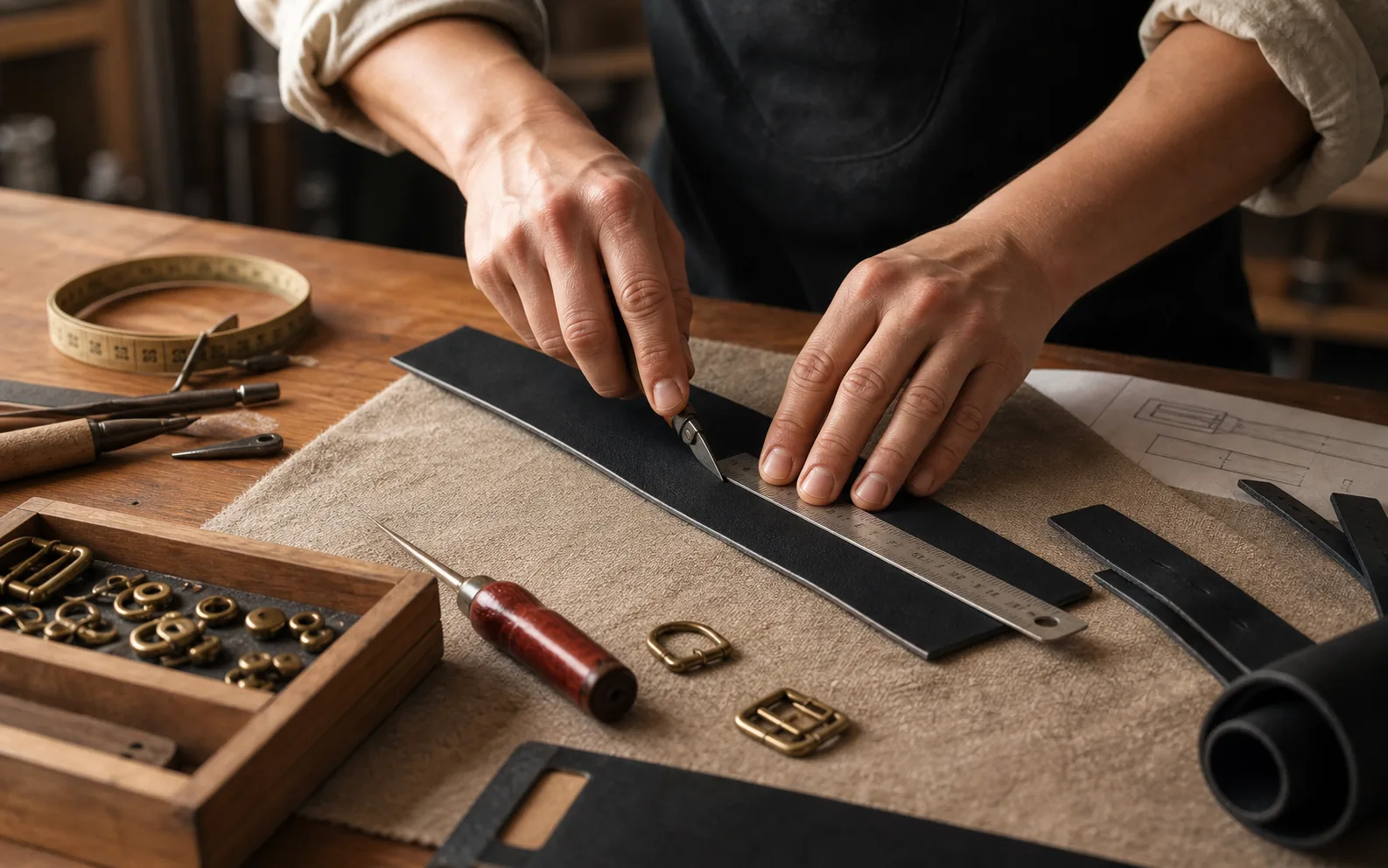 Leather measuring and cutting on a workbench
