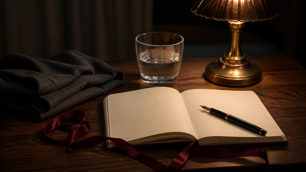 Soft cloth, water and open notebook arranged as a calm aftercare still life.