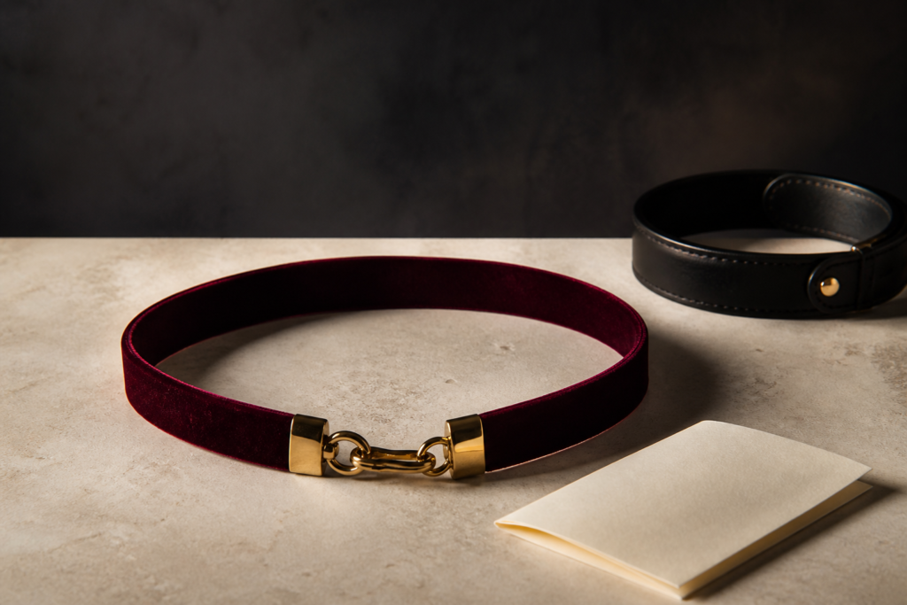 Burgundy ribbon forming an open boundary with brass clasp and black leather detail.