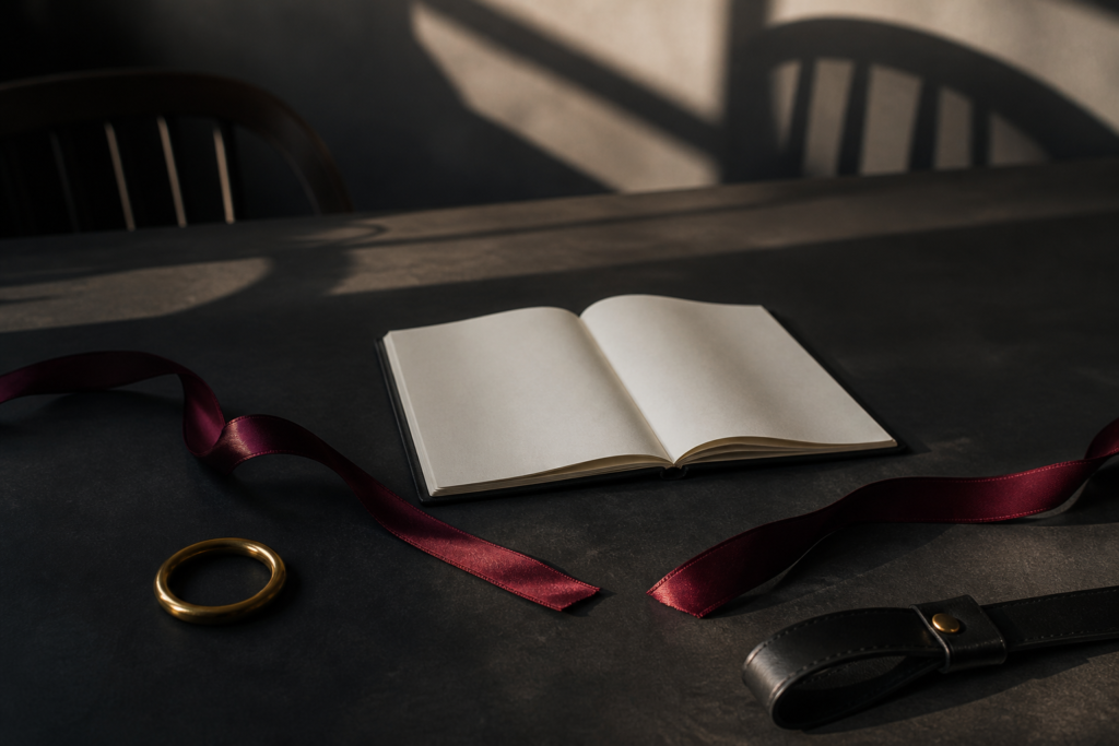 Burgundy ribbon, blank notebook, brass ring and black leather arranged as a quiet symbol of adult communication.