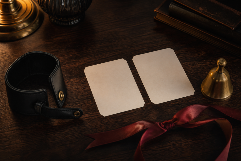 Open leather cuff, reversible ribbon knot and blank cards symbolizing ongoing consent.