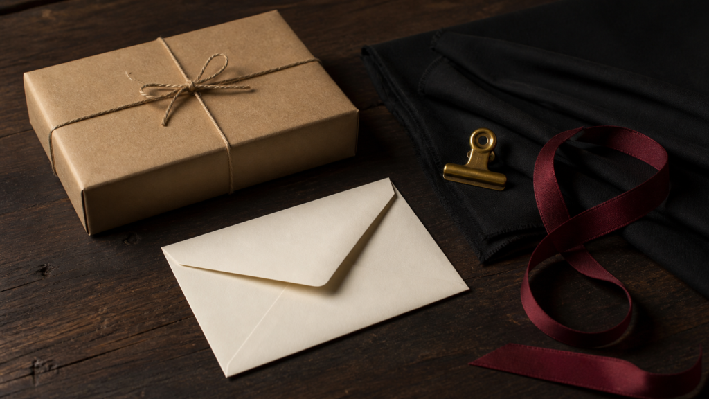 Plain parcel, sealed envelope and folded cloth representing discreet adult communication.